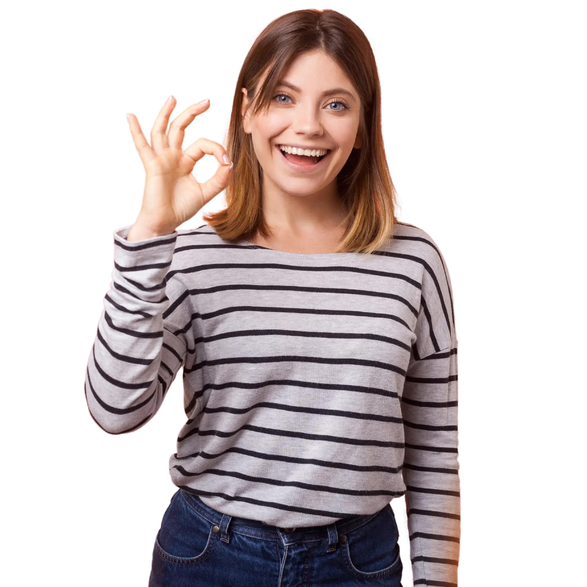Woman standing and is showing an approved sign with her hand.