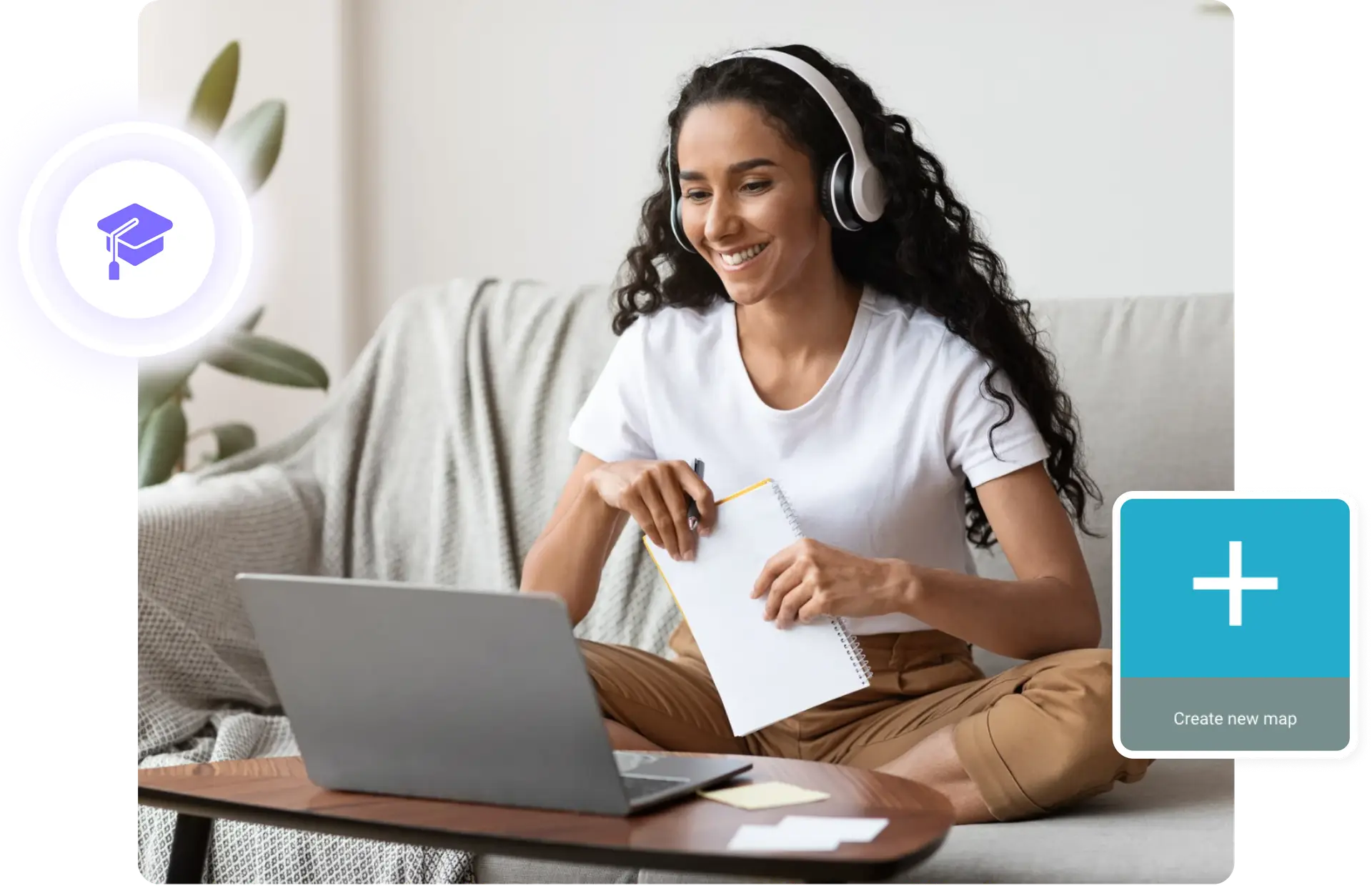 A woman with headphones, sitting in a couch watching the screen on her laptop.